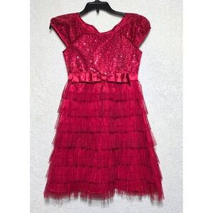 Jona Michelle Girls Red Sequin Tiered Tulle Holiday Party Dress Size 7
